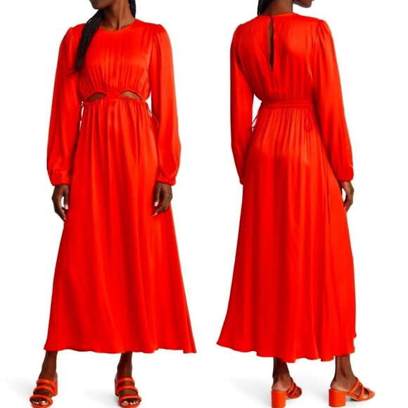 New FARM RIO Red Satin Boho Maxi Dress Beaded Tassels Cutout Waist S MSRP $265 - Picture 2 of 14